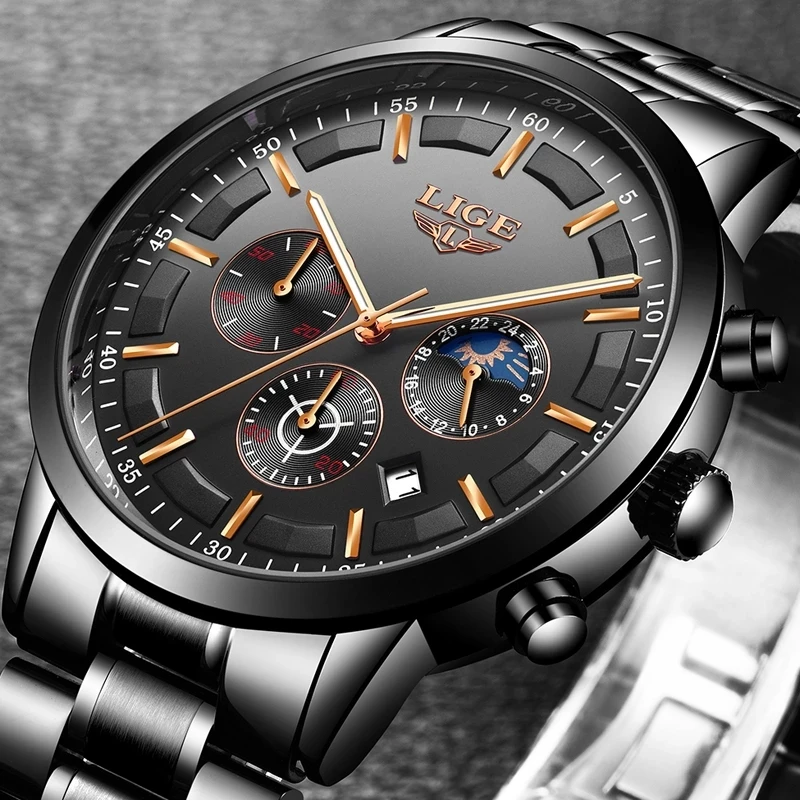 LIGE Business Watches Mens Top Brand Luxury Quartz Wristwatch 3Bar Waterproof Chronograph Luminous Watch for Gentleman Gift+Box