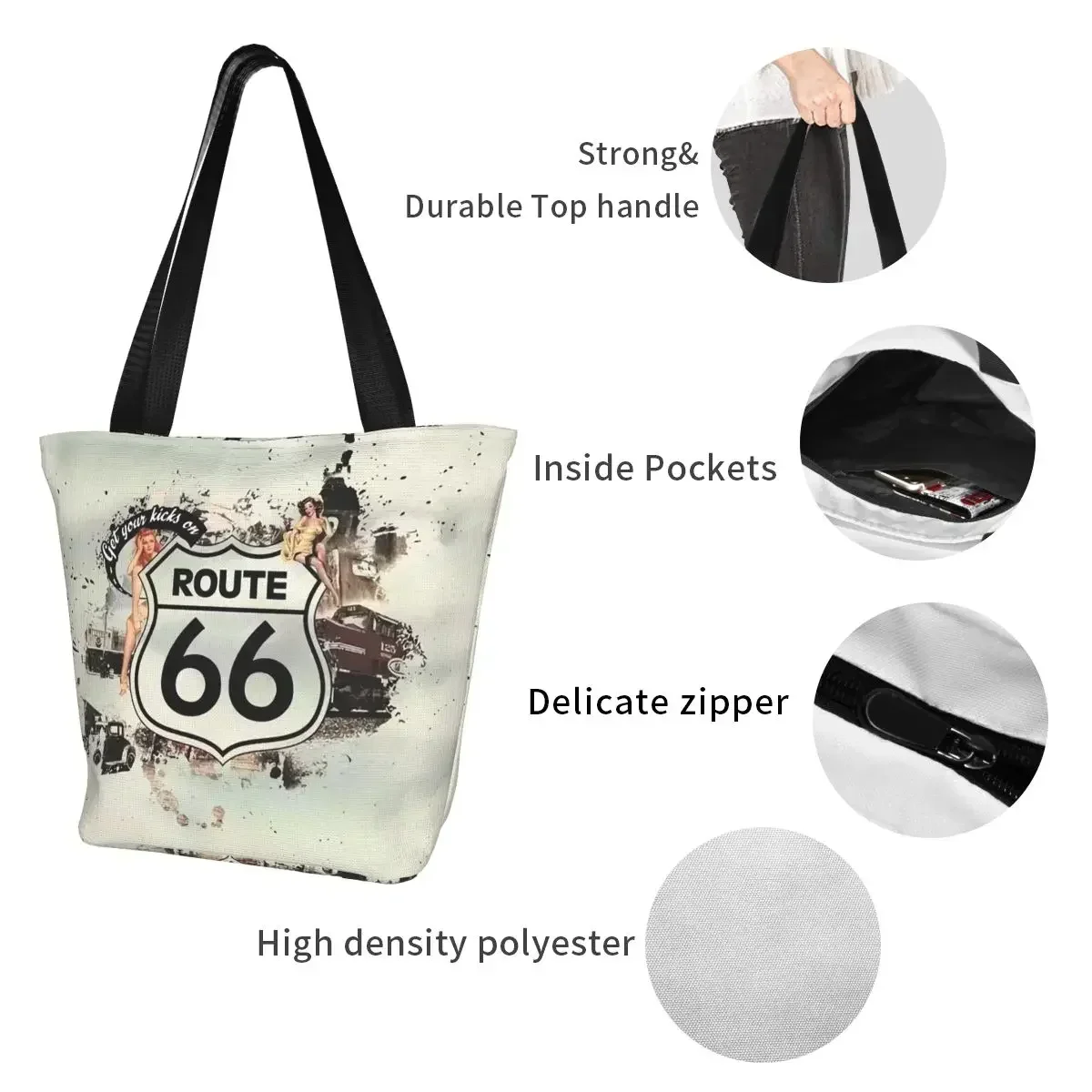 Cute Route 66 Motorcycle Vintage Usa Legend Shopping Tote Bag Reusable Highway Canvas Groceries Shoulder Shopper Bag