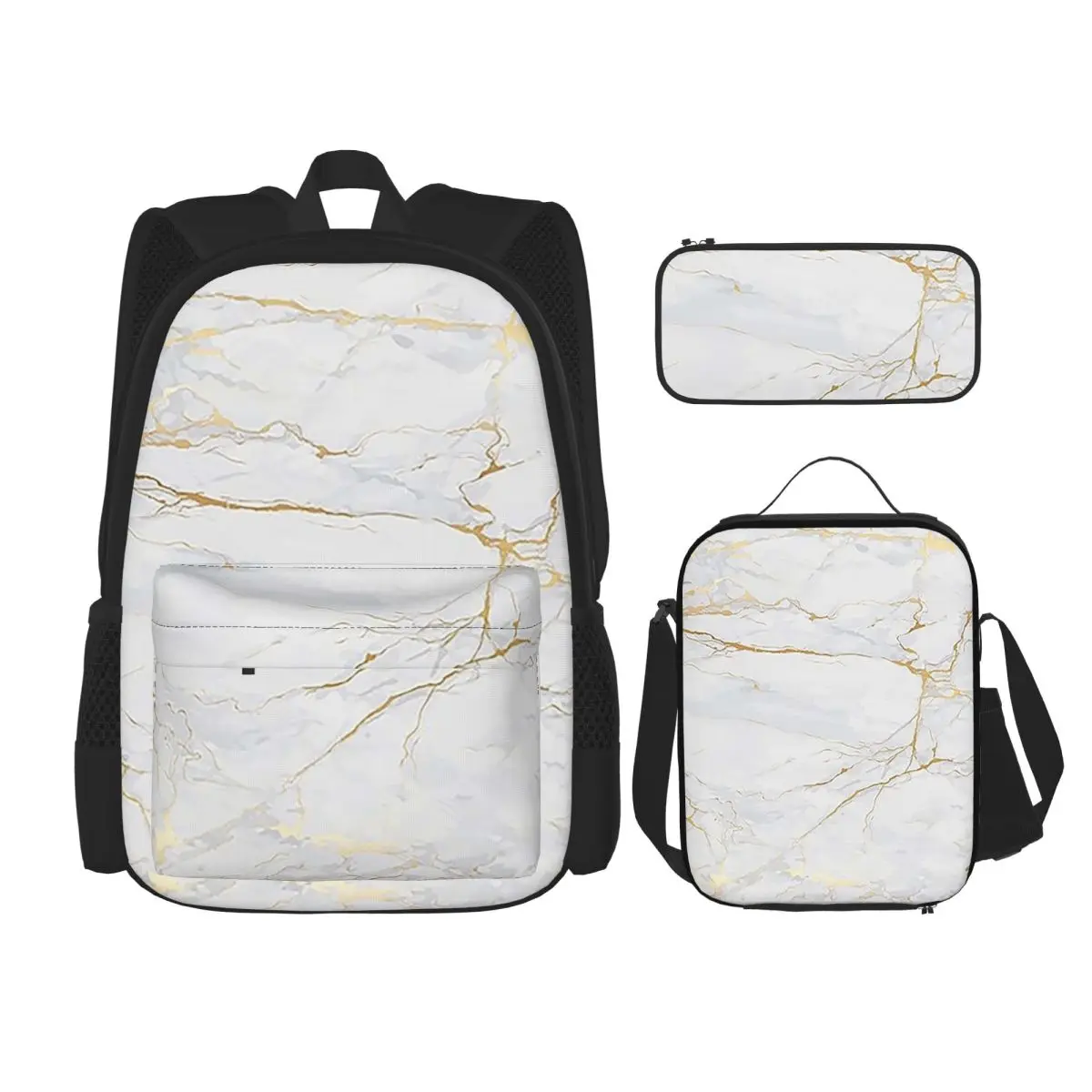 

White And Gold Marbl Backpacks Students Bookbag School Bags Rucksack Lunch Bag Pen Bag Three-Piece Set