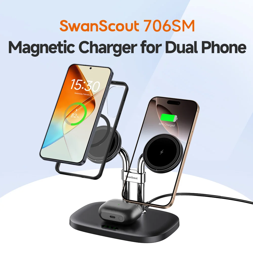 SwanScout 706SM Dual Phone Magnetic Charging Station for Samsung S25 Ultra S24 Plus S23 FE Charger S