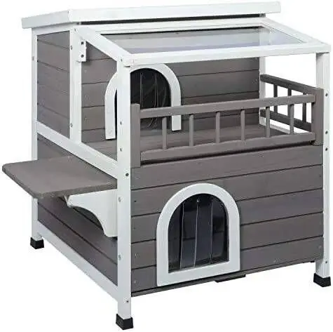 

2-story Outdoor Weatherproof Wooden Cat House Condo Shelter
