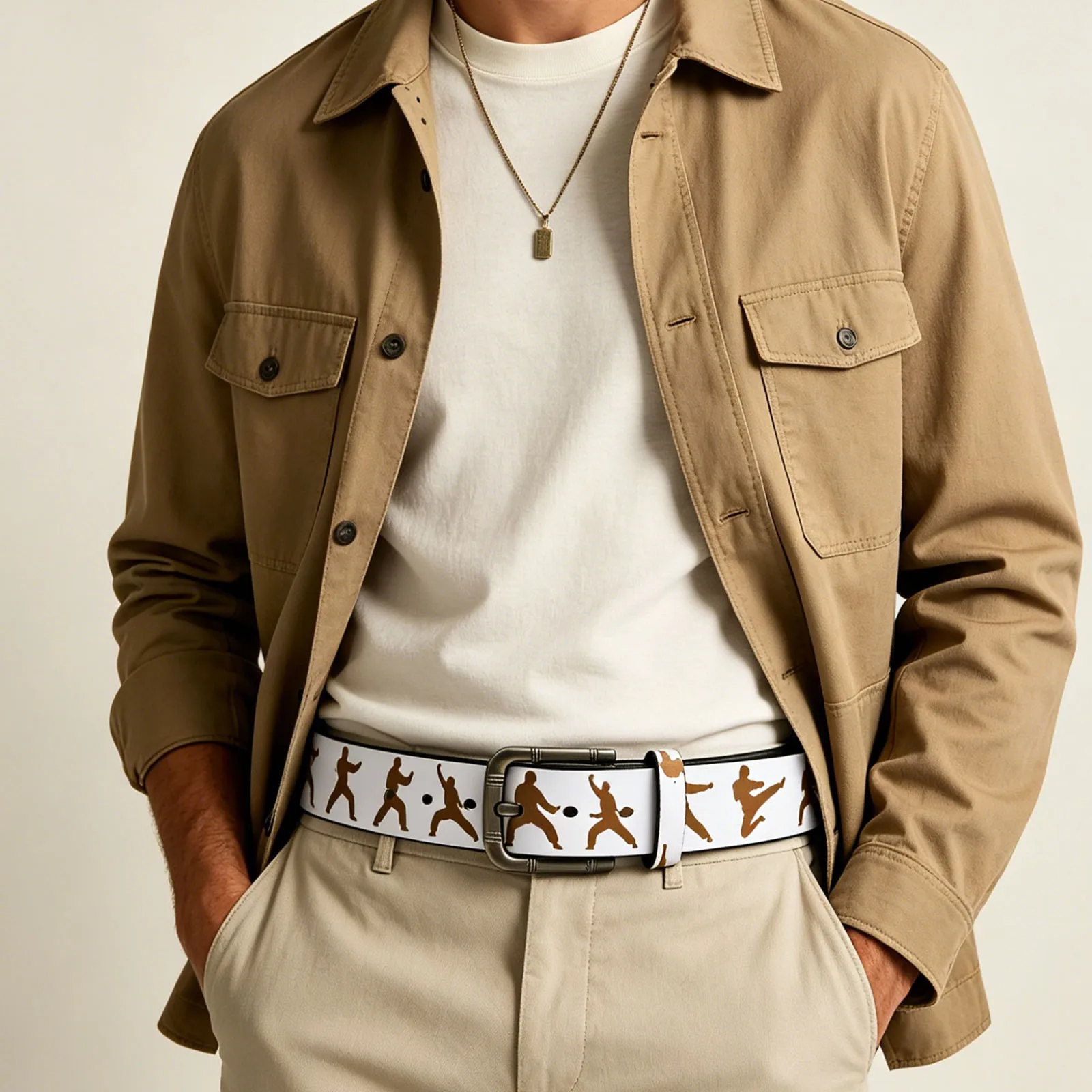 Men Martial Arts Kung Fu Print Leather Belt, Retro Metal Pin Buckle Casual Waist Belt,Karate Pattern Street Jeans Accessory