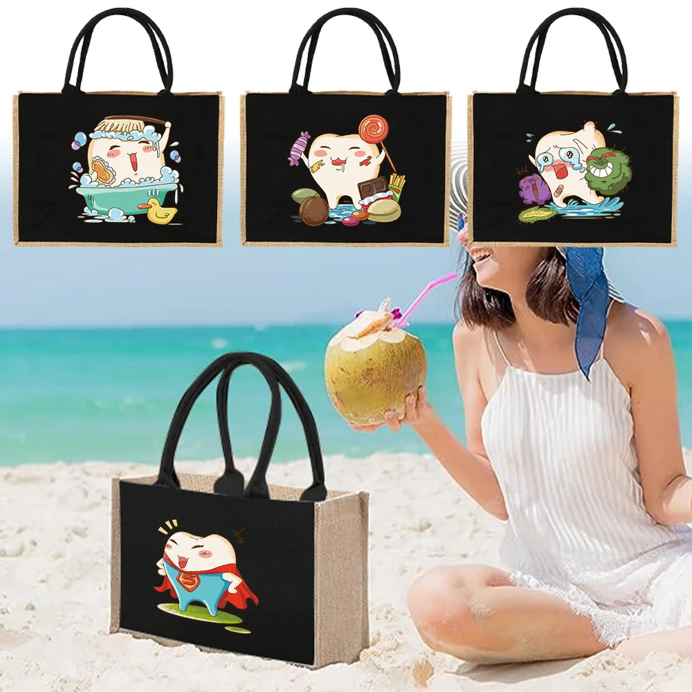 Jute Bag Handbag Linen Shoulder Bags Sacks Jute Imitation Sacks Linen Bags Women Shopping Bags Laminated Bags Cute Anime Teeth