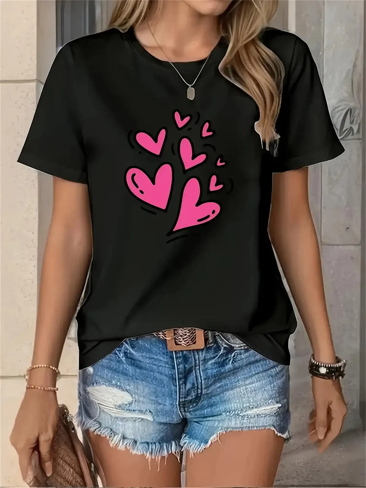 2026 Women'S Breathable Pink Heart Print T-Shirt Valentine'S Day Short Sleeve Round Neck Casual Top with Paw-Like Hand Design