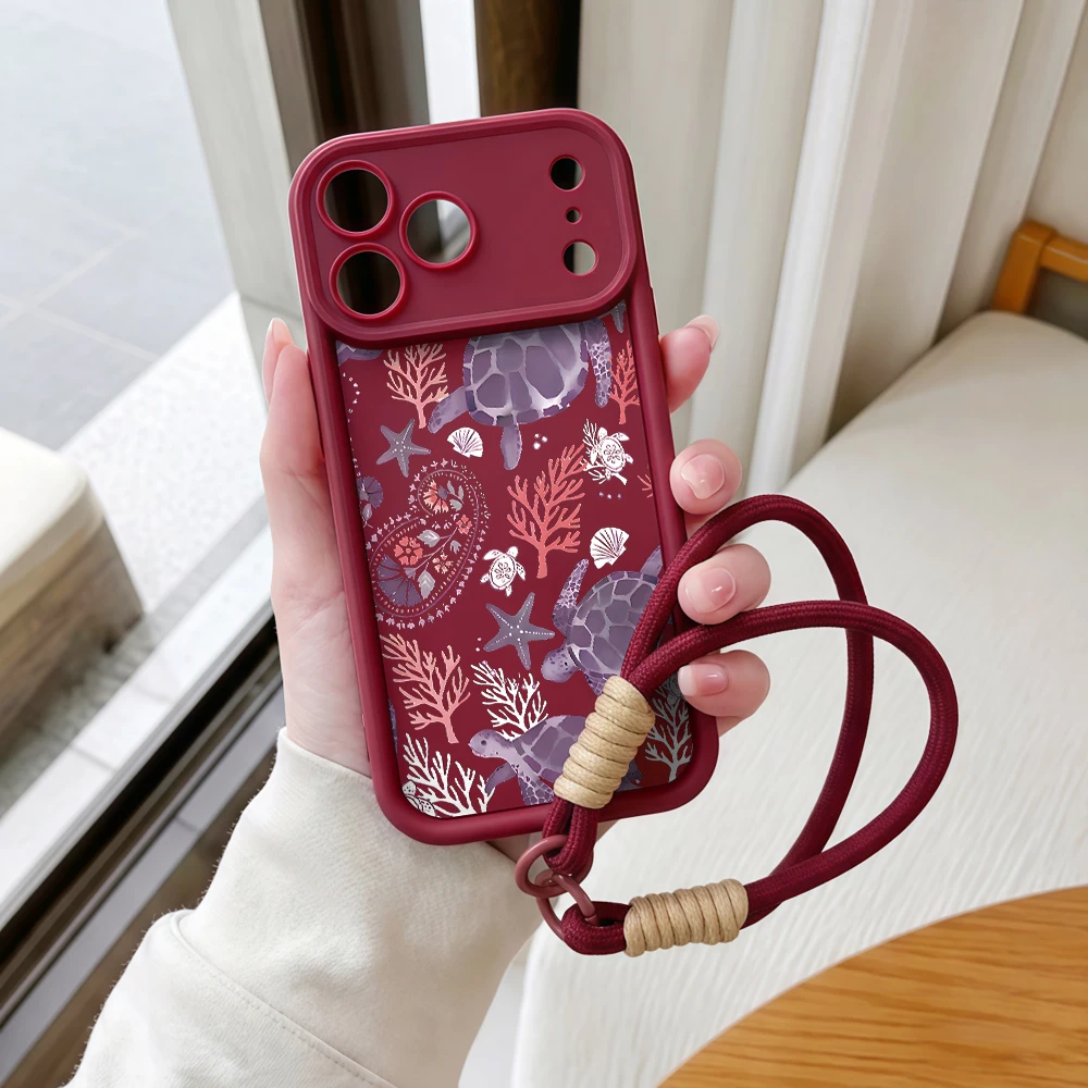 Meeresschildkröten-Korallen-Lanyard-Handyhülle für iPhone 12 13 14 15 16 17 Pro Max 16 15 14 Pro Plus 17E Stoßfeste Matte Silikonhülle – Detail 7