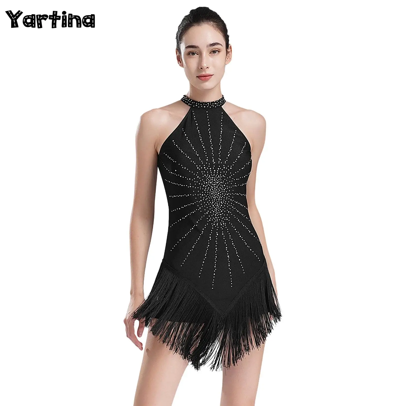 Womens Latin Tango Ballroom Ballet Lyrical Dance Costume Cutout Back Shiny Rhinestones Asymmetrical Fringe Skating Dance Dress