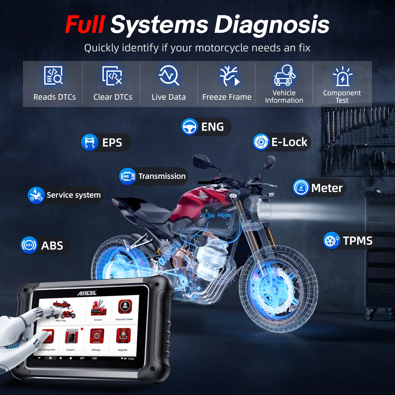 ANCEL MT700 Motorcycle Scan All System Diagnostic Tool Oil Rest ABS Bleeding 31 Reset ECU Coding Functions Motorcycle Scan Tool