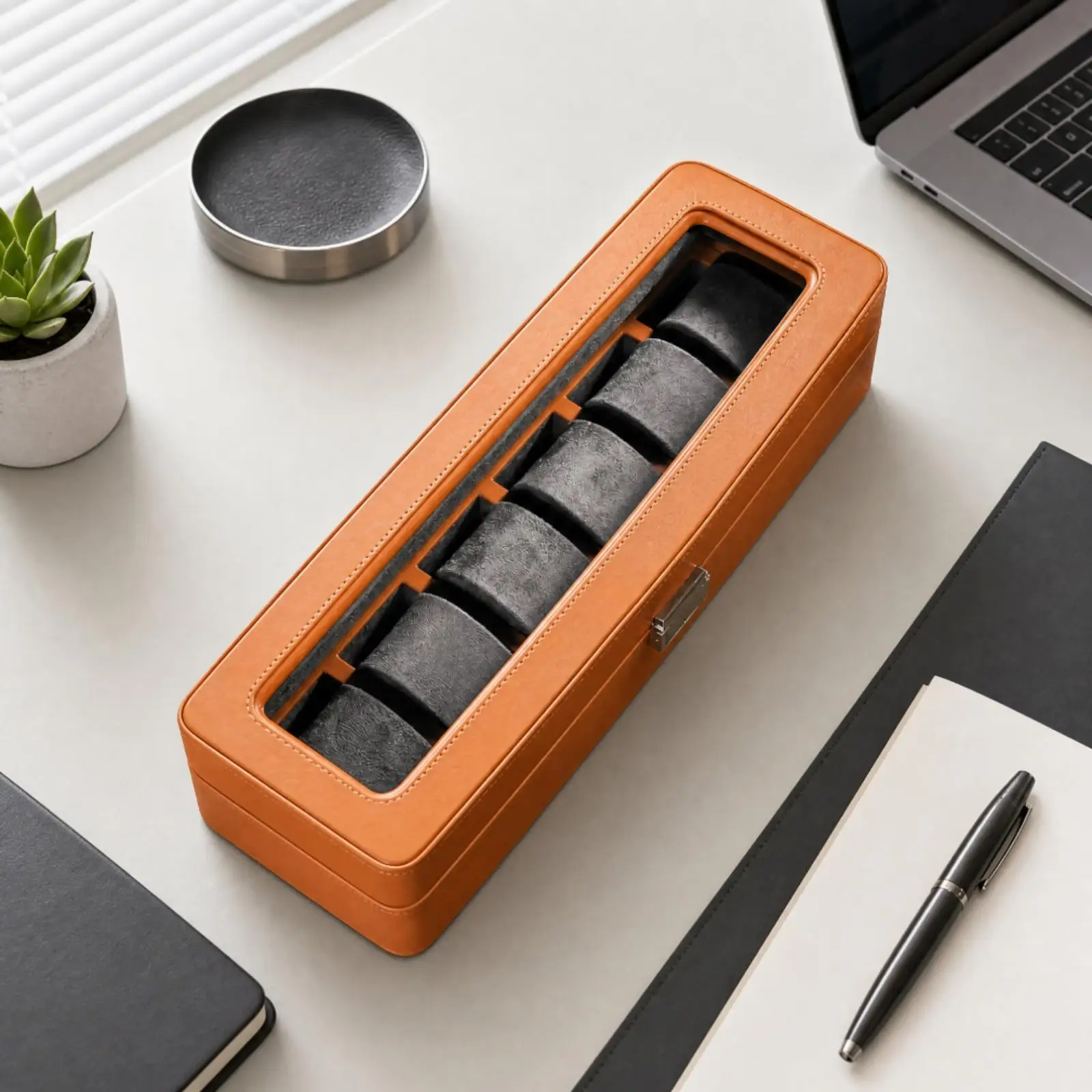 Glass Lid Watch Storage Case with Microfiber Leather Exterior and Secure Clasp for Safe Travel Watch Display Holder