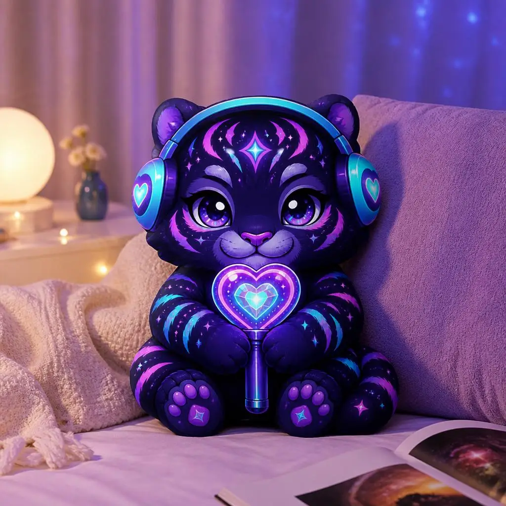 Kpop Cat Plush Pillow Neon Music Fan Cushion with Headphones Light Stick Shaped Stuffed Throw Pillow Concert Room Decor Gift