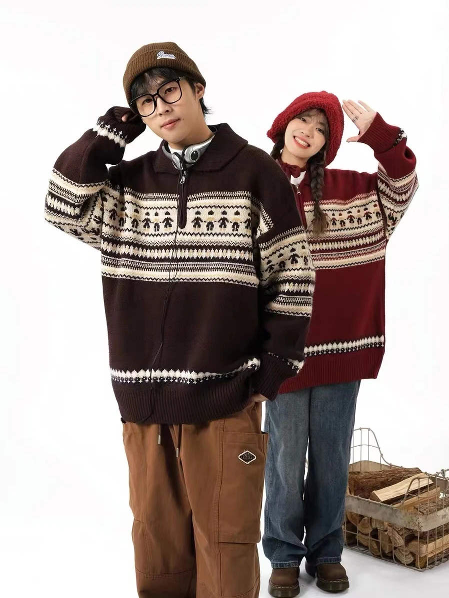 

Autumn Winter Loose Fit Crew Ne Knitted Sweater Men's Casual Sle Floral Embroidery Hong Kong Faion Couple's Outerwear