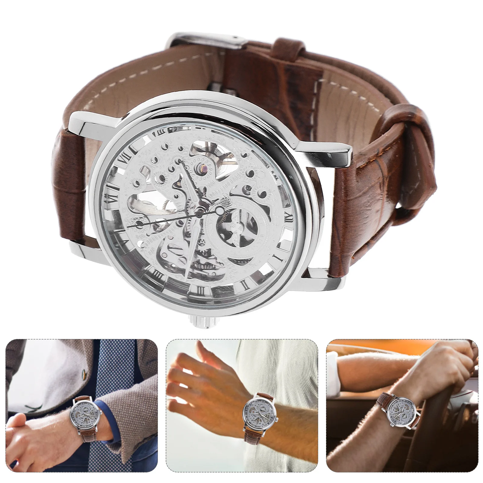 

Automatic Mechanical Watch Men'S Pu Stainless Steel Band Wristwatch For Boys White Brown Style Daily Wear