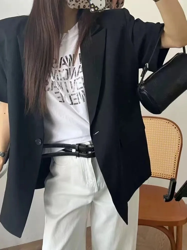 Women's Fashion Slim Fit Short Sleeve Suit Jacket with Mesh Splice Design And Back Split High-End Feelings Loose Style