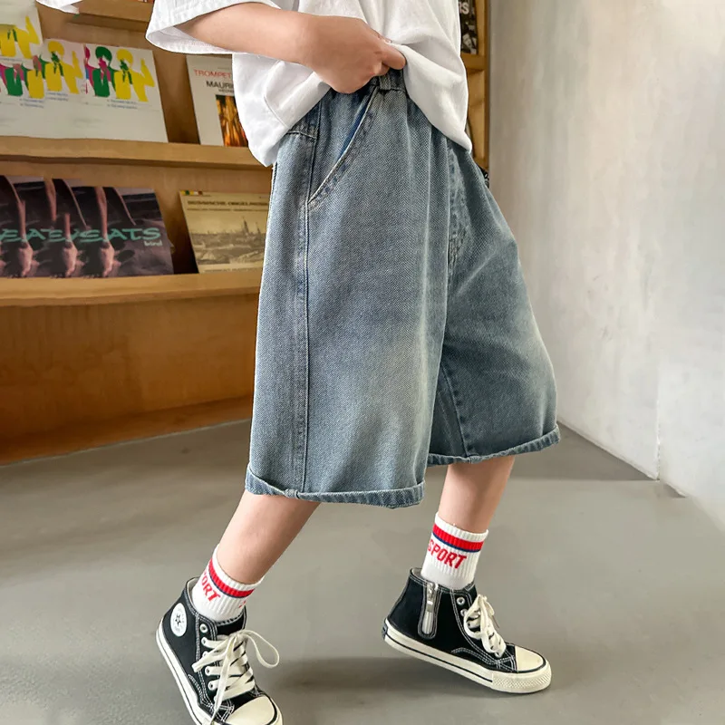 Kids Boys Korean Style Relaxed Fit Denim Shorts with Letters for Tweens Child Casual Straight Jeans Capris Calf Pants Age 5-14Y