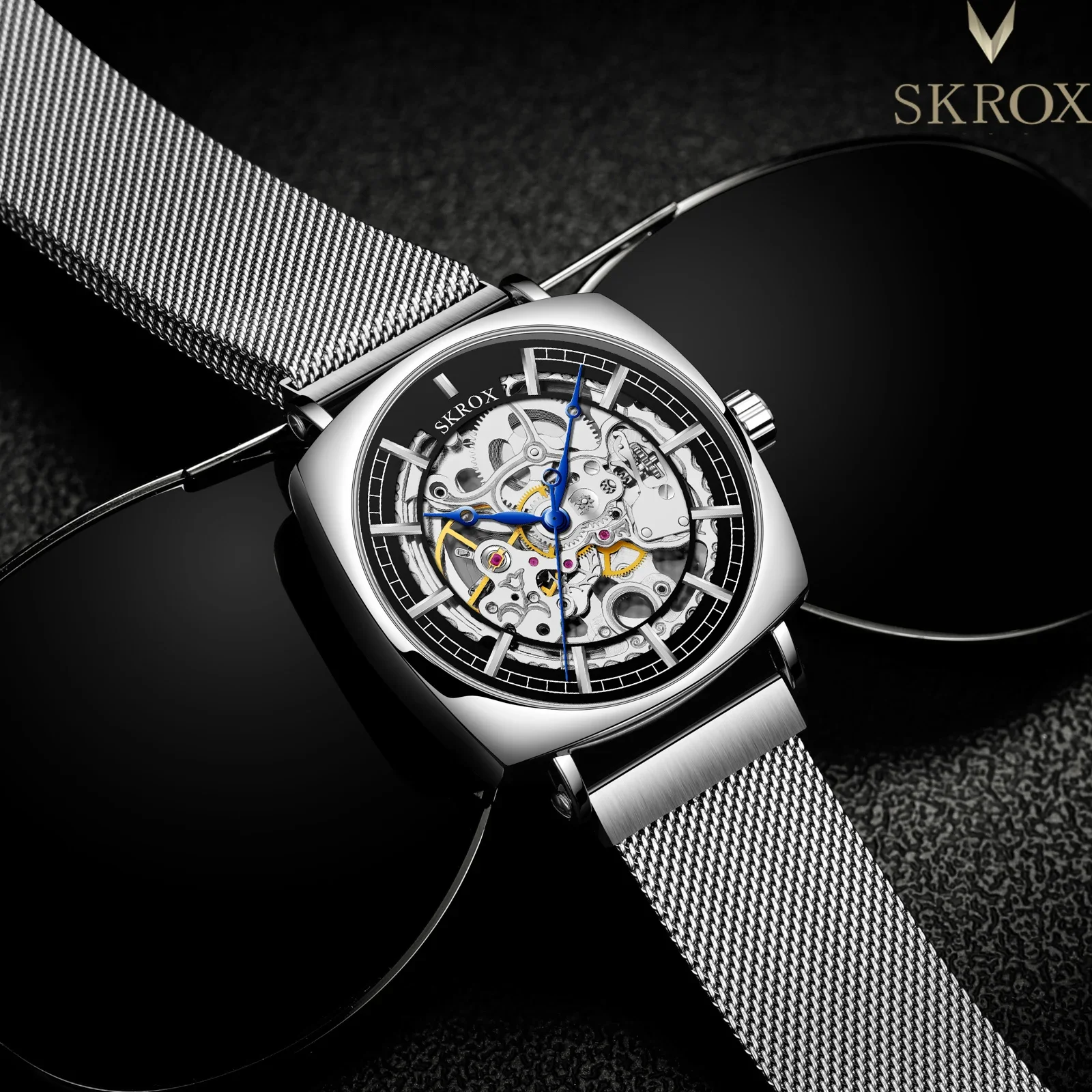 Original Luxury Brands Square Elegant Steel Skeleton Automatic Movement Man Watch Mechanical Wrist Watches Mesh Strap Clockwork