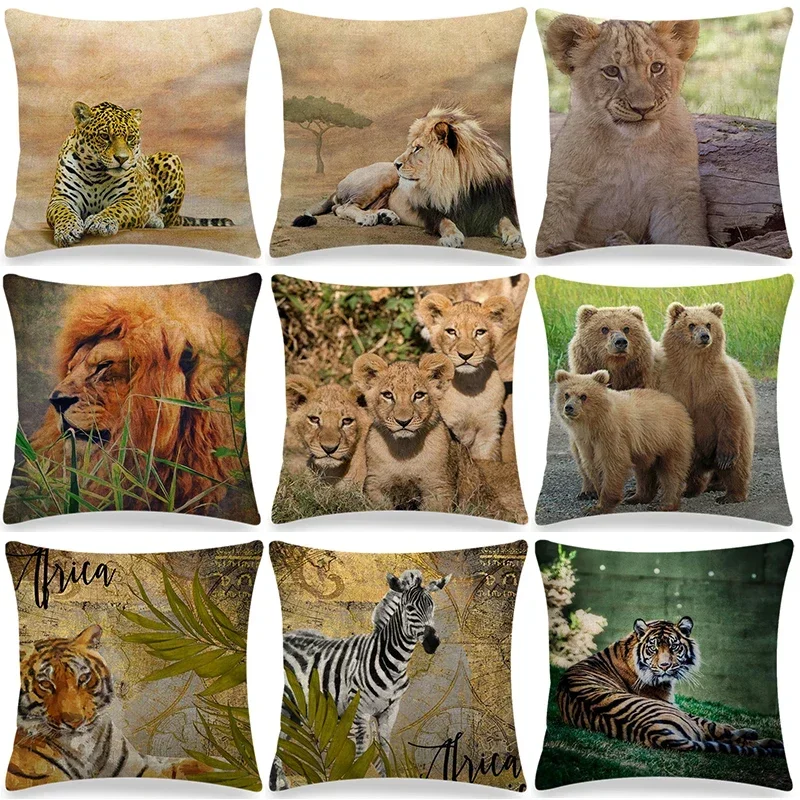 Lion Tiger Zebra Printed Linen Cushion Cover Home Decorative Pillow Covers Ferocious Animals Pattern Decor Pillowcase 45x45cm