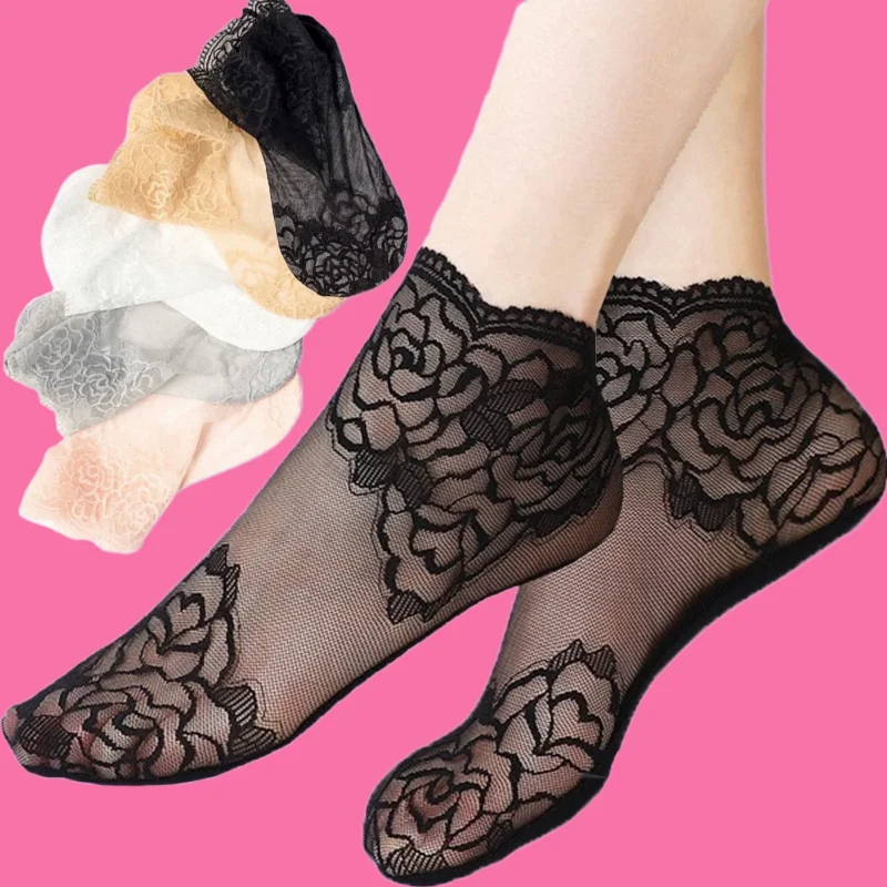 Chaussettes courtes coordonnantes en dentelle creuse pour femmes, chaussettes de bateau à fleurs, chaussettes de rinçage à coupe basse en maille, pantoufles sexy pour femmes, été, nouveau, 5/10 paires