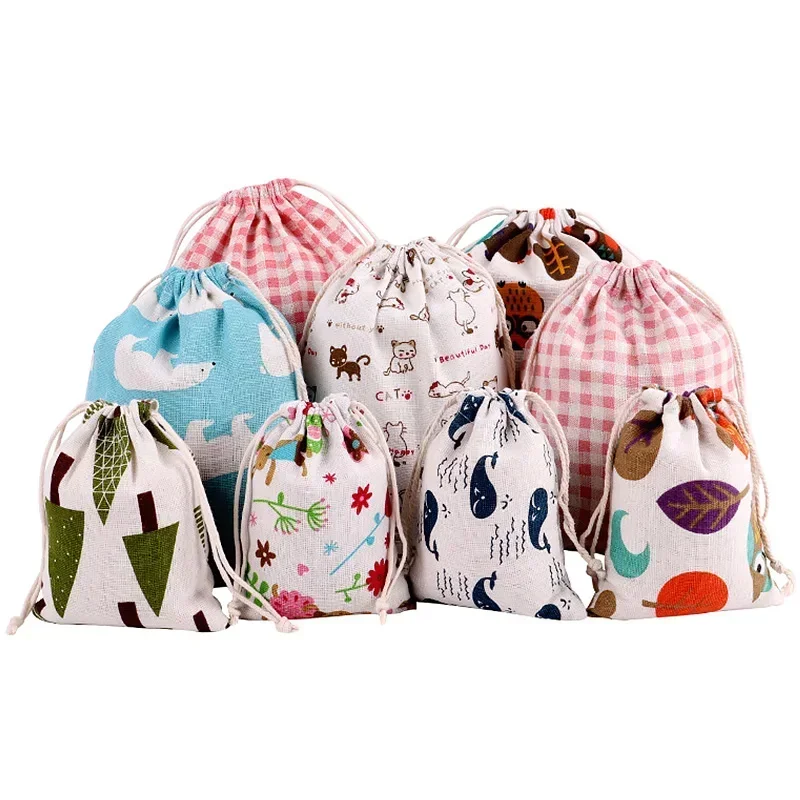 Baumwolle Leinen Stoff Beutel Kordelzug Tasche Niedlichen Tier Pflanzen Druck Kinder Reise Tuch Schuhe Lagerung Tasche Make-Up Fall Weihnachten Geschenk Tasche