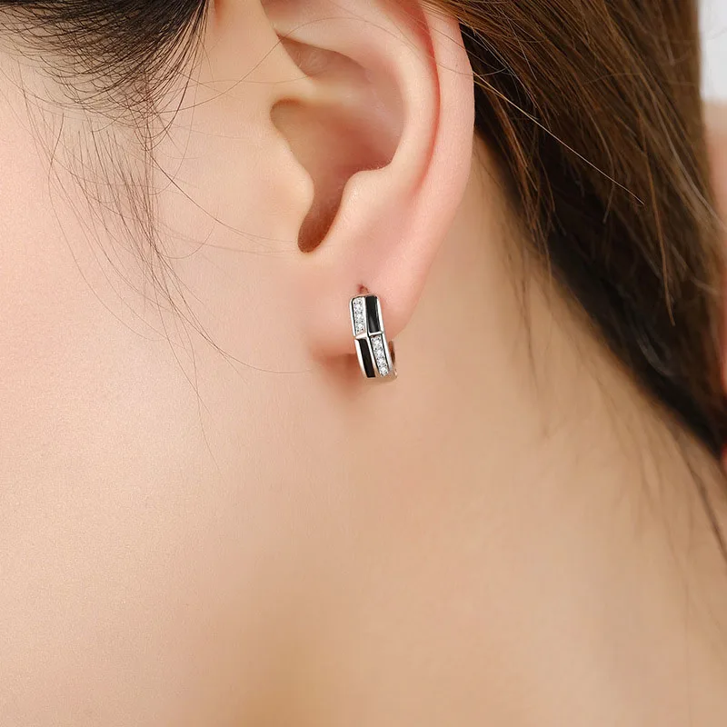 Retro 925 Sterling Silver Ear Buckle For Women Trendy Black Line Geometry Earrings Simple Zircon Earring Jewelry KOFSAC