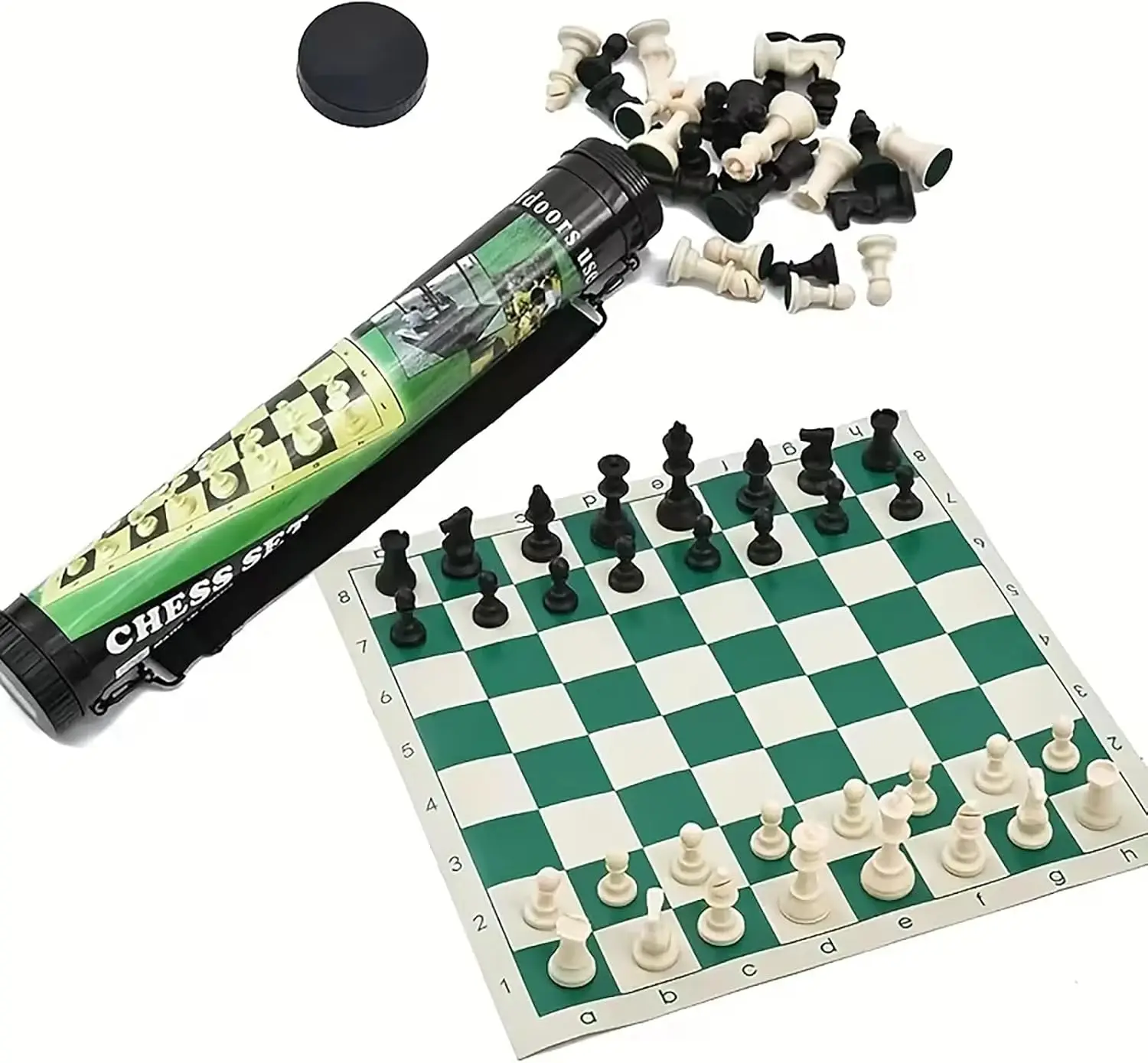 

Portable Roll-Up Chess Set – 16.9' Faux Leather Board with Plastic Pieces & Storage Tube
