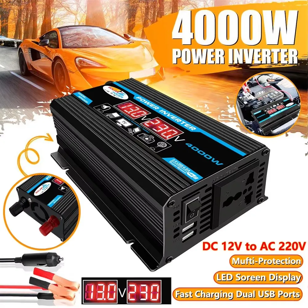 Car Inverter 12V 220V Converter 4000W Car Power Inverter Solar Charger Adapter Multiple Protection Dual USB Voltage Transformer