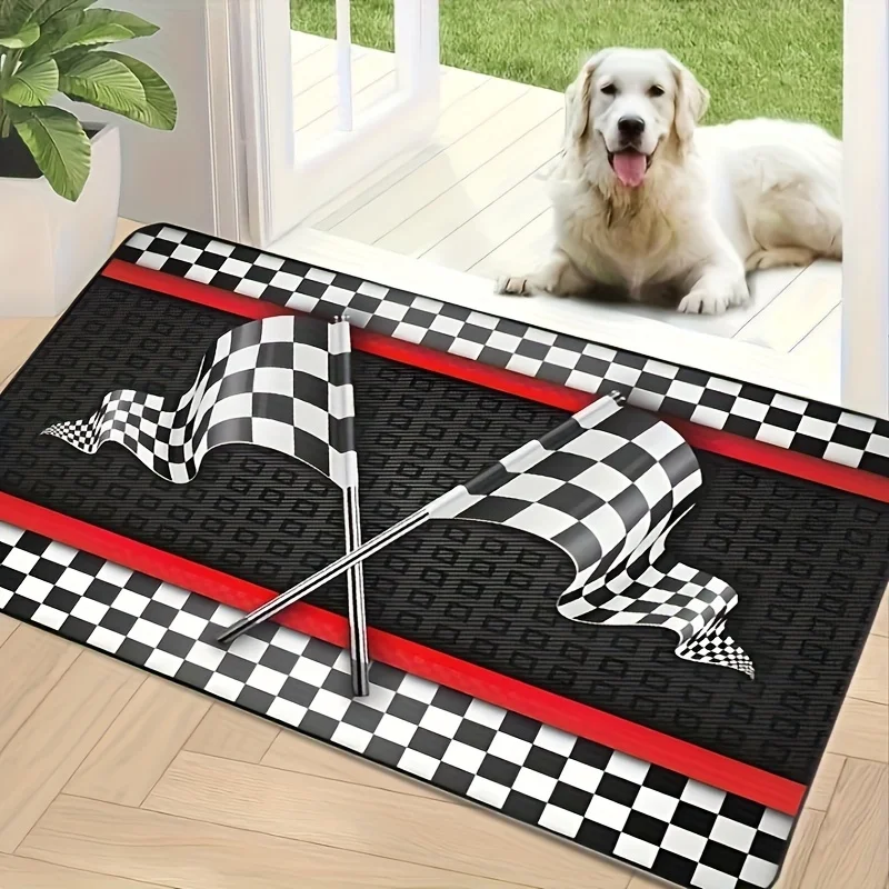 VIKAMA Rennsport-Themenmatte, Schwarz-Weiß Karierte Flaggen-Print Rutschfeste Matte. Bequeme und maschinenwaschbare Matte, Wohndekoration.