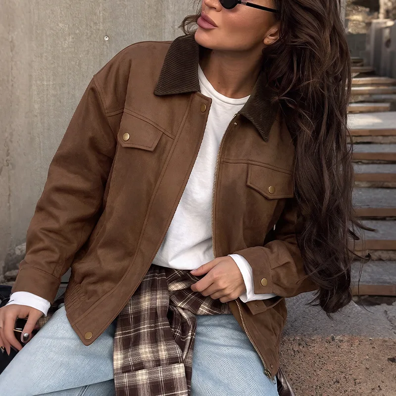 Coat Women Coats Zipper Turn Down Collar Jackets Vintage Y2k Streetwear Casual Loose Solid Splice Jacket 2026 Autumn Winter