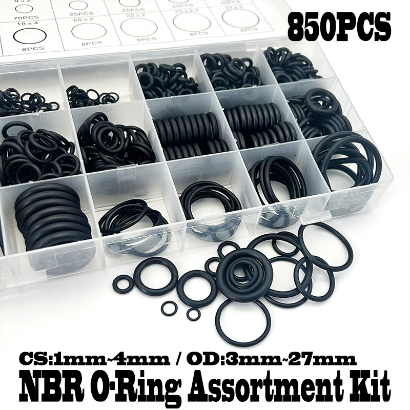 

850Pcs Black Nitrile Rubber O Rings NBR Thinkness CS 1mm to 4mm OD 3mm to 27mm Assorted Sealing Kit for Repair Projects 18 Sizes