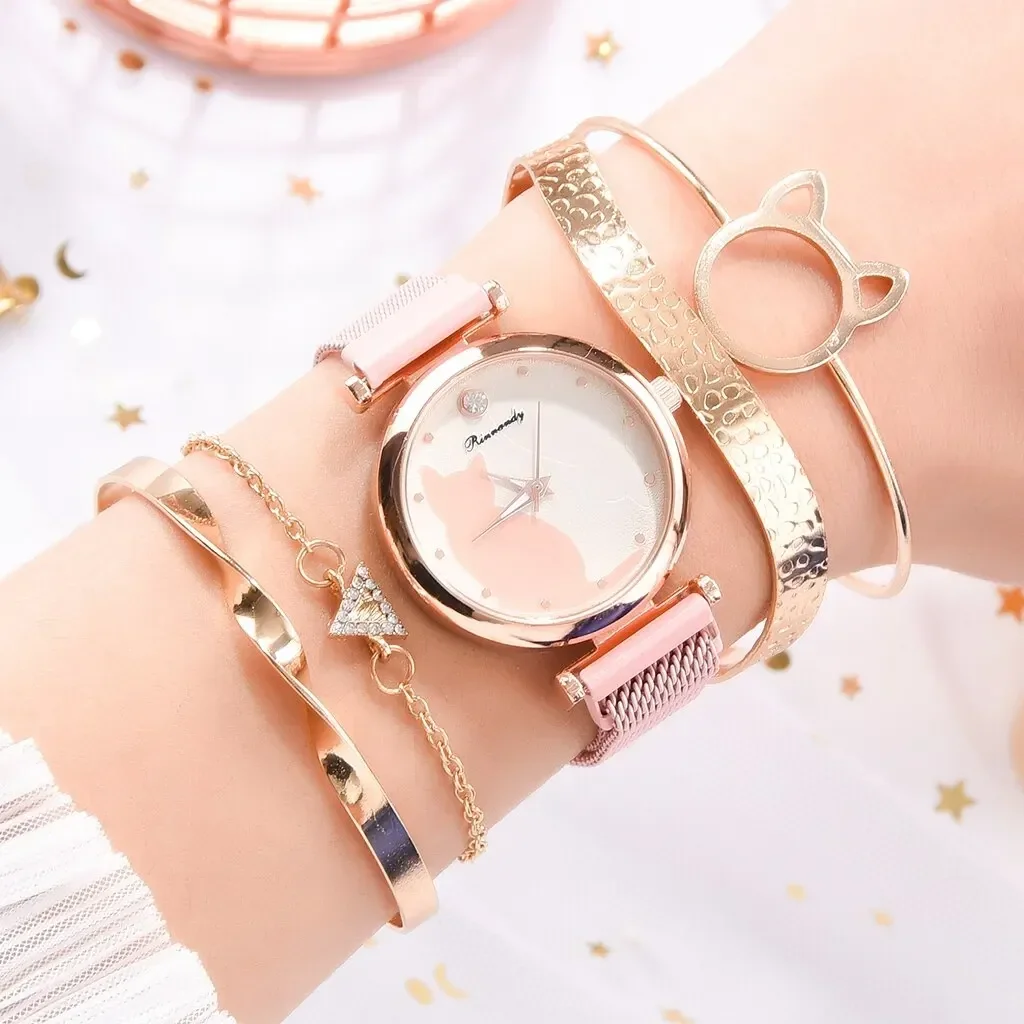 5 unids/set de relojes para Mujer, conjunto de pulsera de oro rosa, Reloj magnético con patrón de gato, pulsera para Mujer, relojes de pulsera, Reloj de cuarzo para Mujer