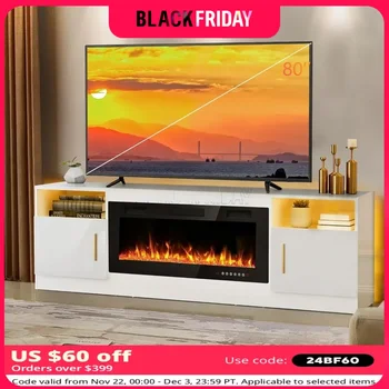 36인치 벽난로 최대 80인치 TV용 하이라이트 캐비닛 및 보관함을 갖춘 벽난로 TV 스탠드, 0인치 모던 우드 미디어 TV 콘솔