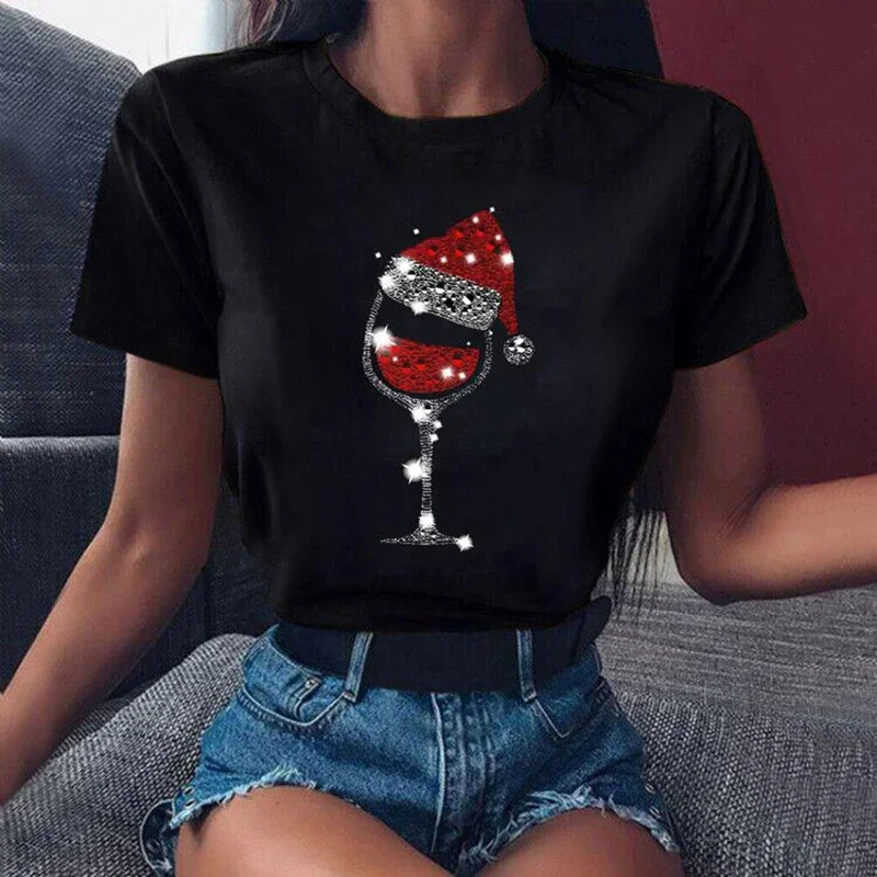 Camiseta de manga curta casual gola redonda feminina, estampado em copo de vinho tinto, aconchegante, Natal, novo