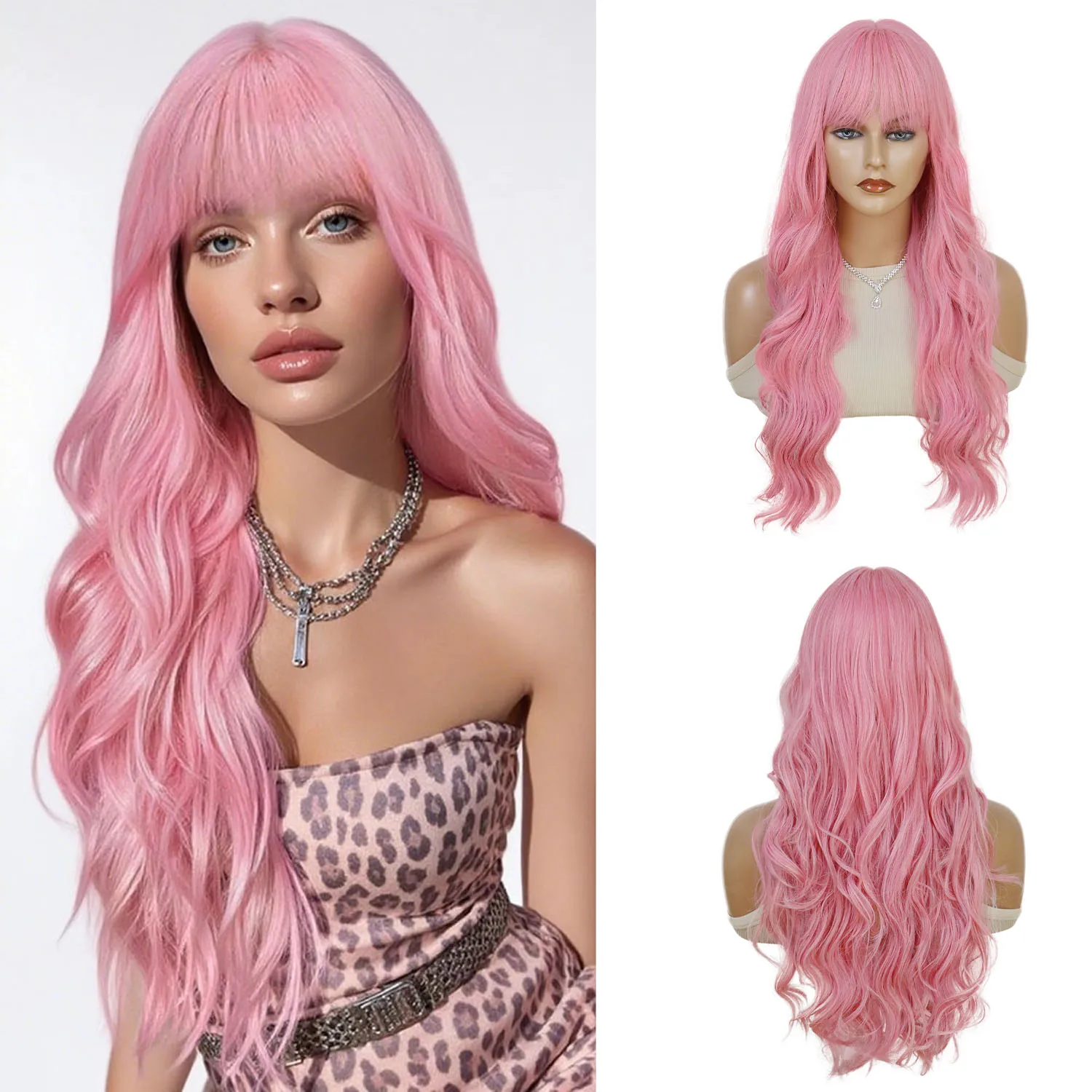 

Synthetic Sakura Pink Wig with Bangs Long Wavy Wigs for Women Body Wave Cosplay Wig Drag Queen Roleplay Wig Halloween Costume