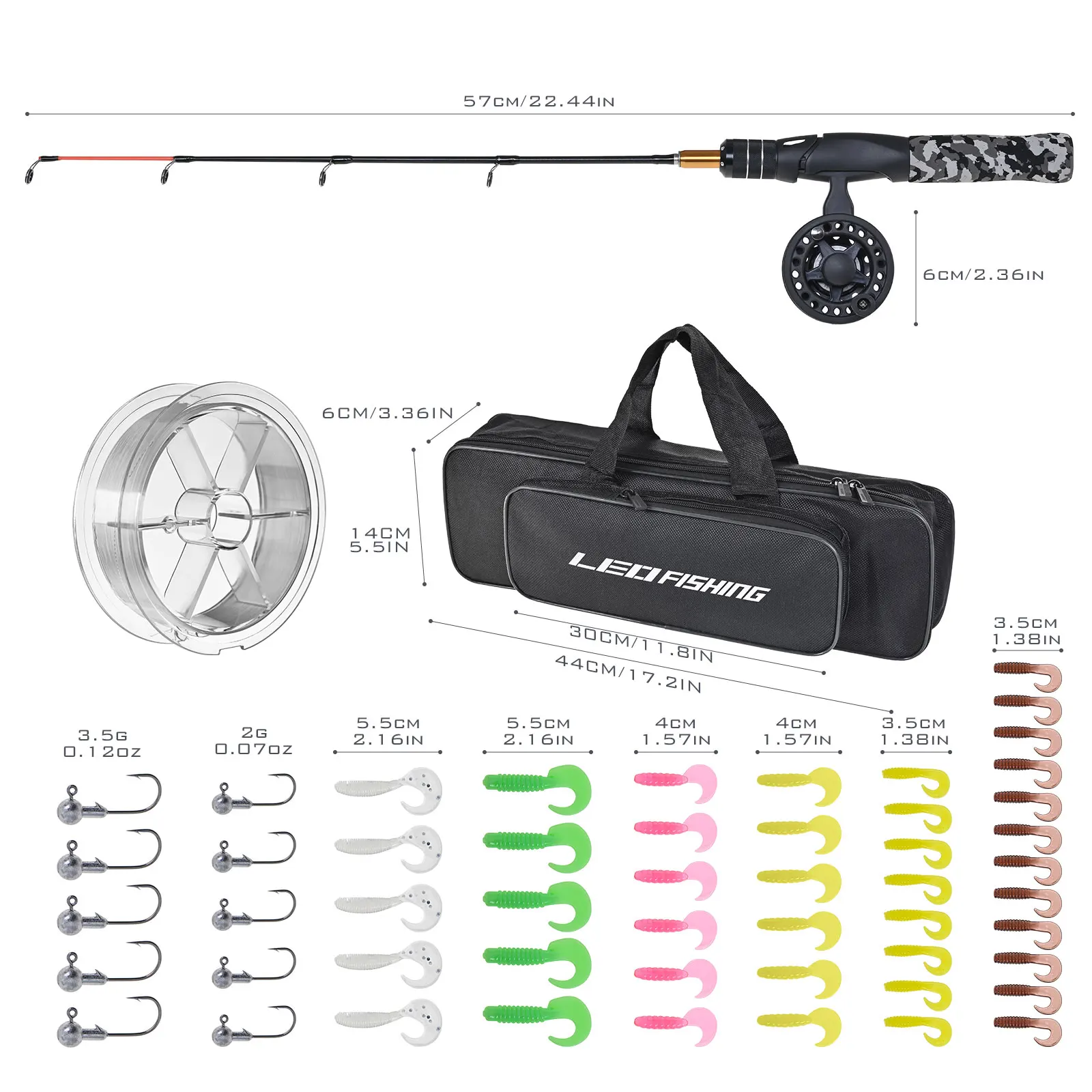 LEOFISHING Ice Fishing Set Rod and Reel Combos with Complete Kits JIG Hooks  Soft Lures and Carrier Bag 50cm/19.7inch Full Set - AliExpress 18