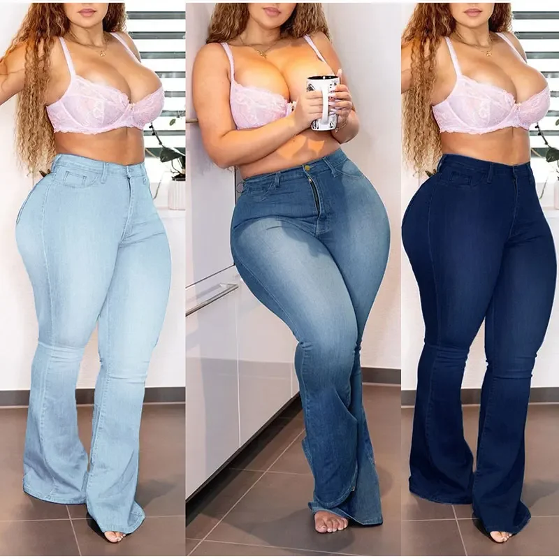 Plus Size White Blue Stretchy Flare Jean Women 5XL High Waist Wide Leg Vintage Bell Bottom Denim Pants Mom Indie Stacked Jeans