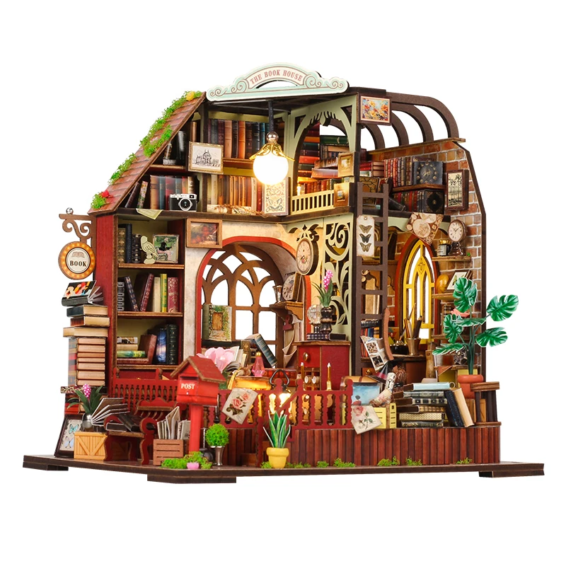 NOWOŚĆ Zestaw drewnianych miniaturowych modeli DIY The Book House Casa Doll Houses 3D Puzzle Dollhouse z meblami dla przyjaciół Prezenty urodzinowe