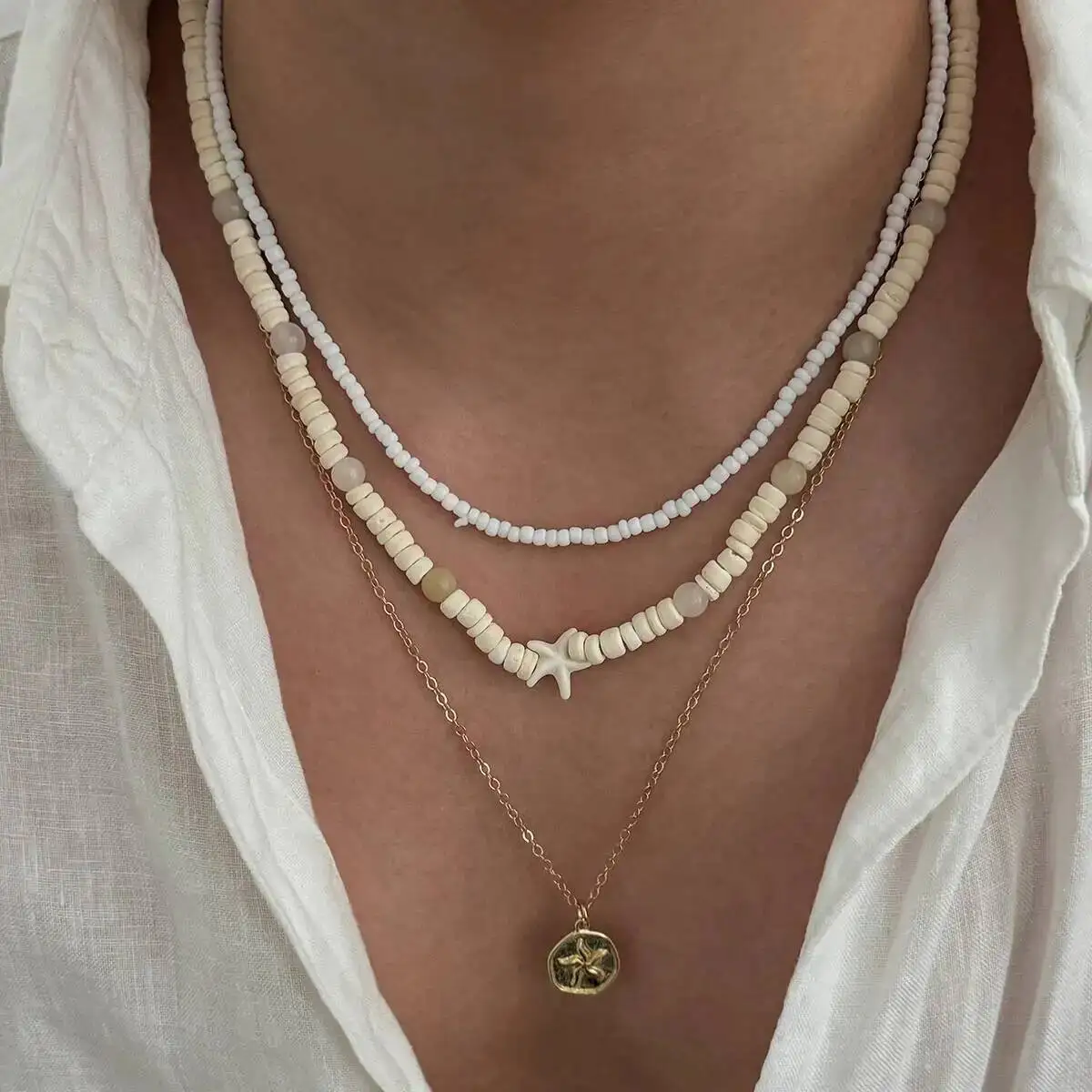 SHIXIN 3Pcs/Set Bohemian Handmade Bead Stacked Choker Gold Color Rounds Pendant Necklace Men Summer Beach Party Vacation Jewelry