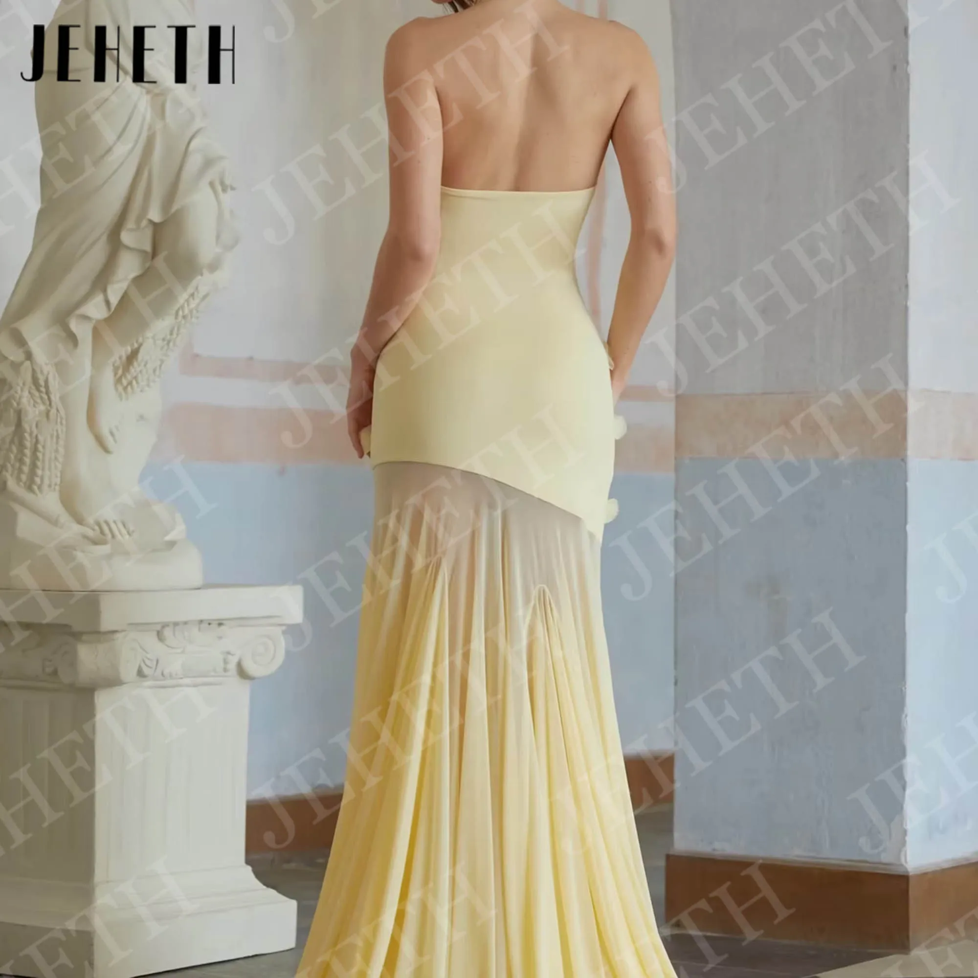 JEHETH Geel Zeemeermin Avondjurken Lange Galajurk Vrouw Halter Hals 3D Bloemen Feestjurk Mouwloos Aangepaste فسات musica