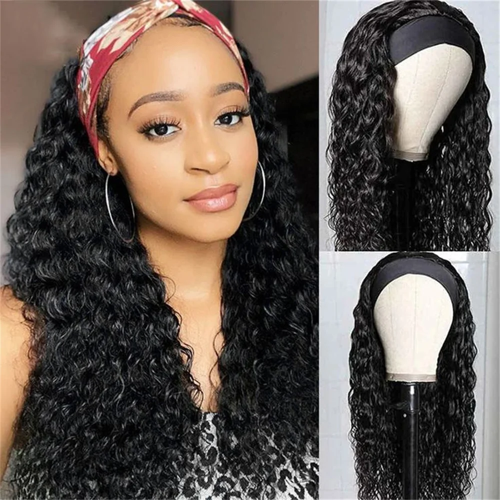 Water Wave Headband Wig Human Hair 180% Density Beginner Friendly Brazilian Machine Made for Women Water Wave Wigs Natural Color