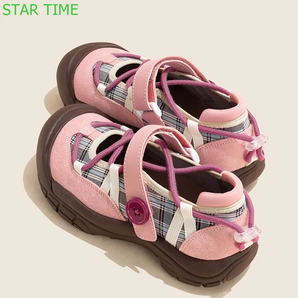 Thick Soled Round Toe Mary Janes 2024 Spring Hook & Loop Sports Shoes Casual Cross-Strap Mixed Color Fashion Women Shoes