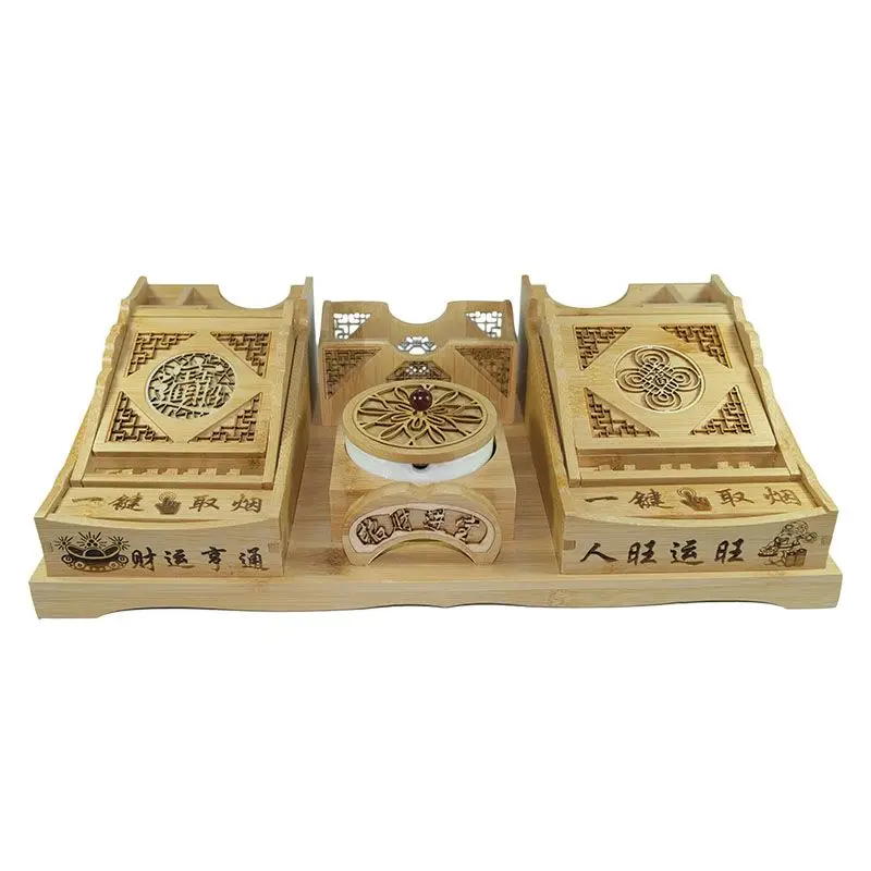 Bamboo Pop-up Cigarette Storage Box Automatic Ordinary Thick Cigarette Case Ceramic Ashtray Chinese Cultural Patterns