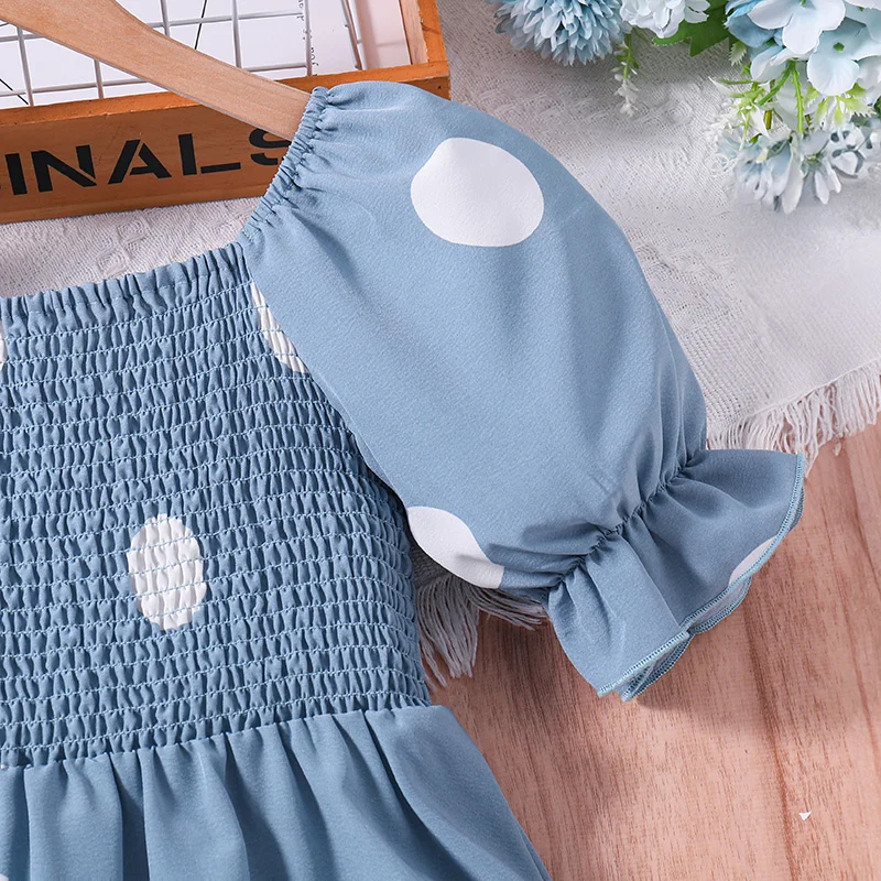 Kids Dress For Girls 8-12 Years Blue Shirred-Bodice Lantern Sleeves Polka Dot Dress Korean Leisure Daily Girls Dress