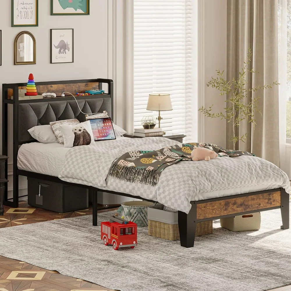 

Twin Bed Frames, Storage Headboard with Outlets, Easy to Install, Sturdy and Stable, No Box Springs Needed, Bedroom Beds