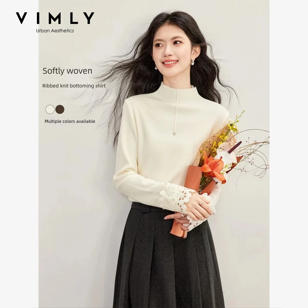 VIMLY Women's Sweater 2026 Fall Winter Mock Neck Lace Crochet Pullover Elegant Fashion Versatile Female Long Sleeve Top 31926