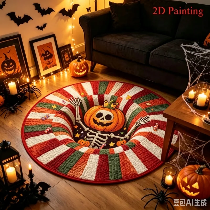 3D Illusion Pumpkin Skeleton Halloween Round Area Rug, Striped Candy Printed Floor Mat, Spooky Holiday Living Room Home Decor