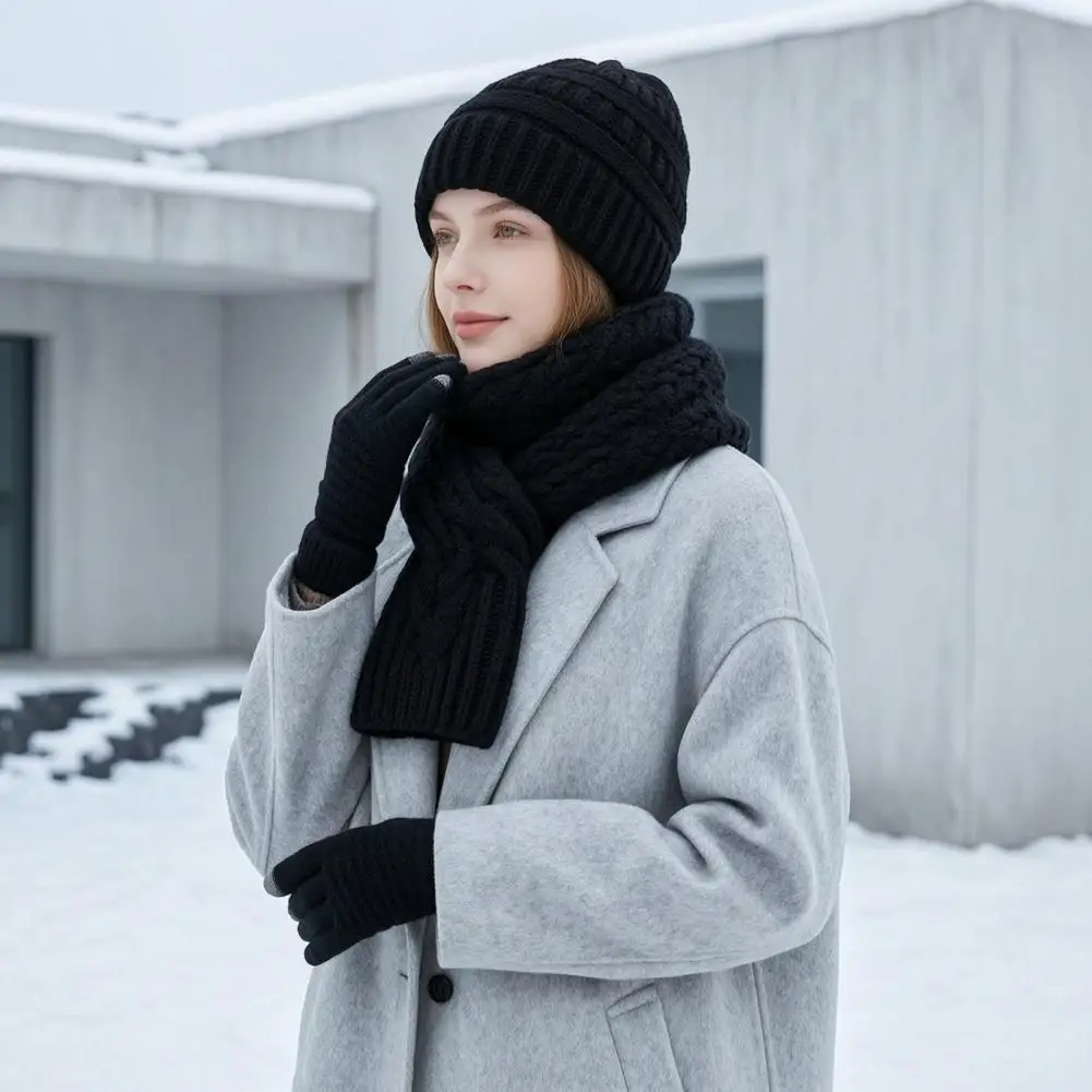 Full Coverage Warm Hat Scarf Winter Thermal Three-piece Set Thick Knit Hat Scarf Gloves Kit Weather Ear Protection for Outdoor