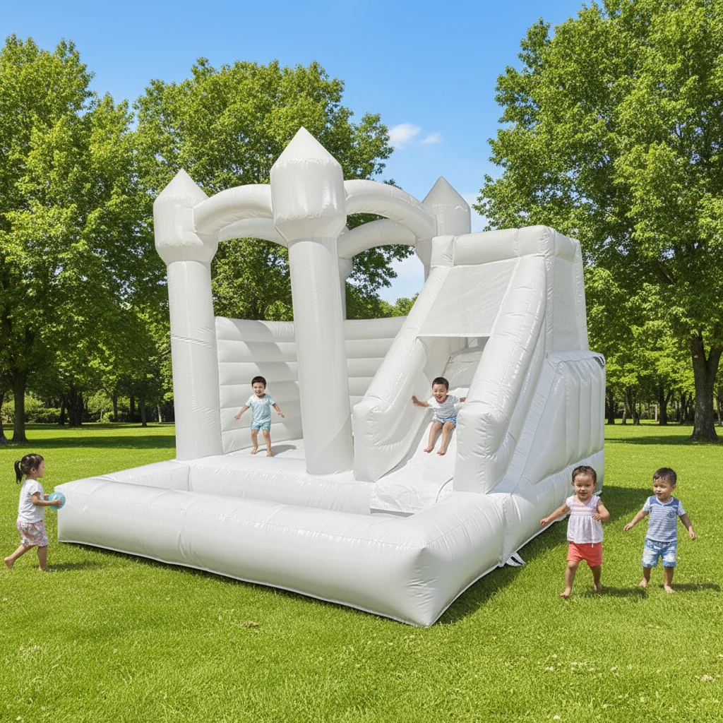 Inflatable Bouncy Castle 4m x 4m, White PVC, Easy Setup for Weddings, Outdoor Events, Commercial Grade