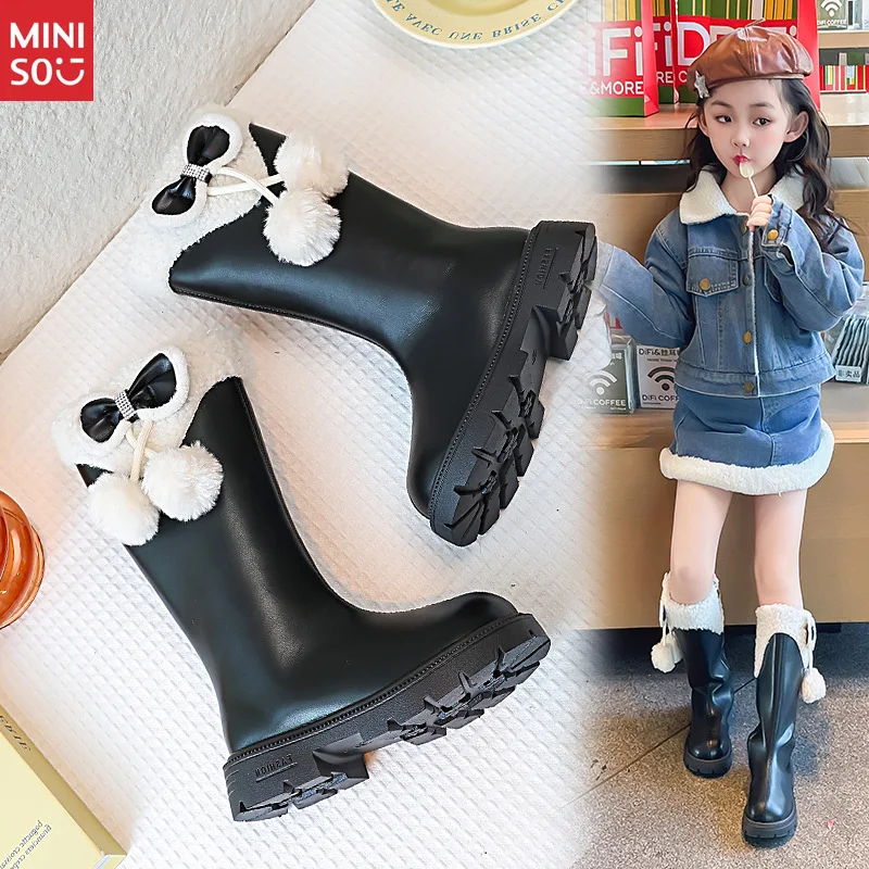 Miniso 2025 Botas longas de couro para meninas, sapatos de inverno de cano alto de pelúcia para crianças