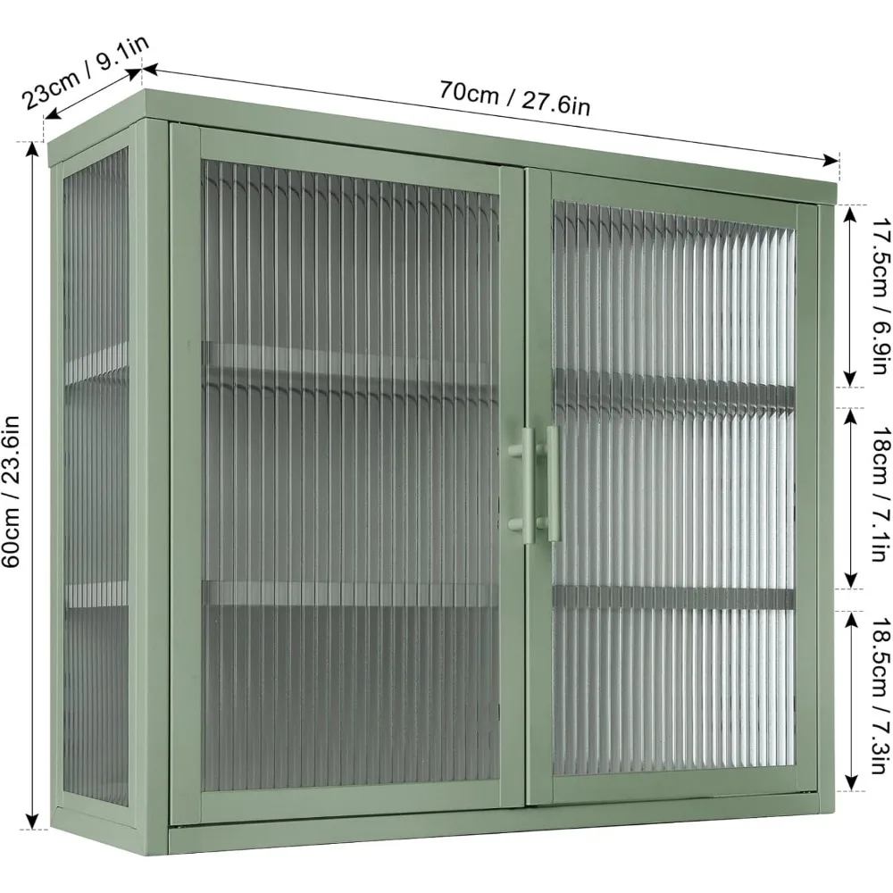 Armário de parede com porta de vidro dupla estilo retrô, armário de armazenamento com prateleiras removíveis, armário para escritório, sala de estar