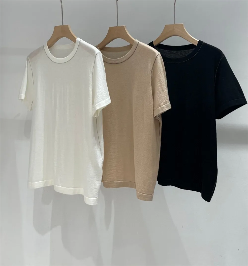 

2025 Summer New Wool Short Sleeved T-Shirt Round Neck Chain Solid Color Casual Top For Women