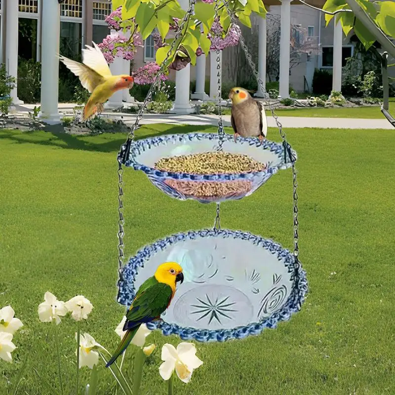 Birdbath Bowl Flower Shaped Outdoor Bird Feeder Double Layers Bird Feeder Metal Chain Weatherproof Garden Decor Yard Supplies