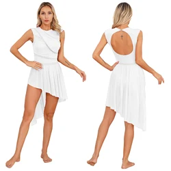 Women Sleeveless Leotard Figure Ice Skating Dress Lyrical Modern Dancing Performance Dress Open Back Bodysuit Mesh Skirts Dress